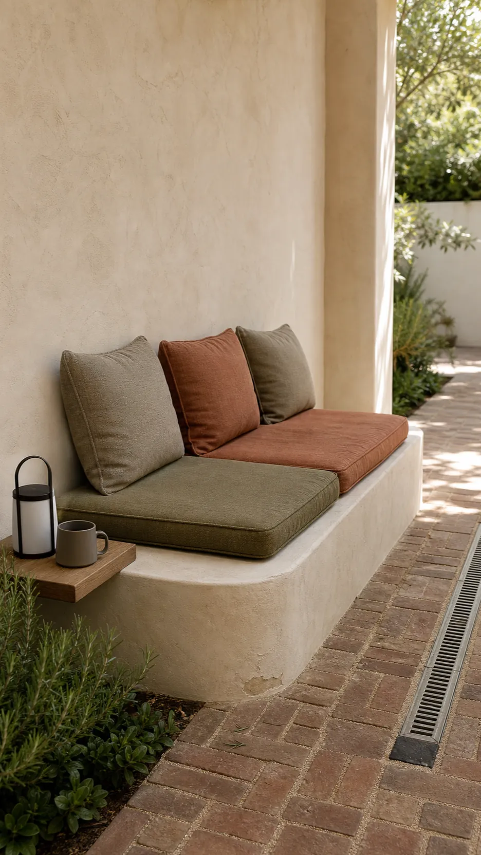 Built-in stucco bench with washable cushions in a courtyard