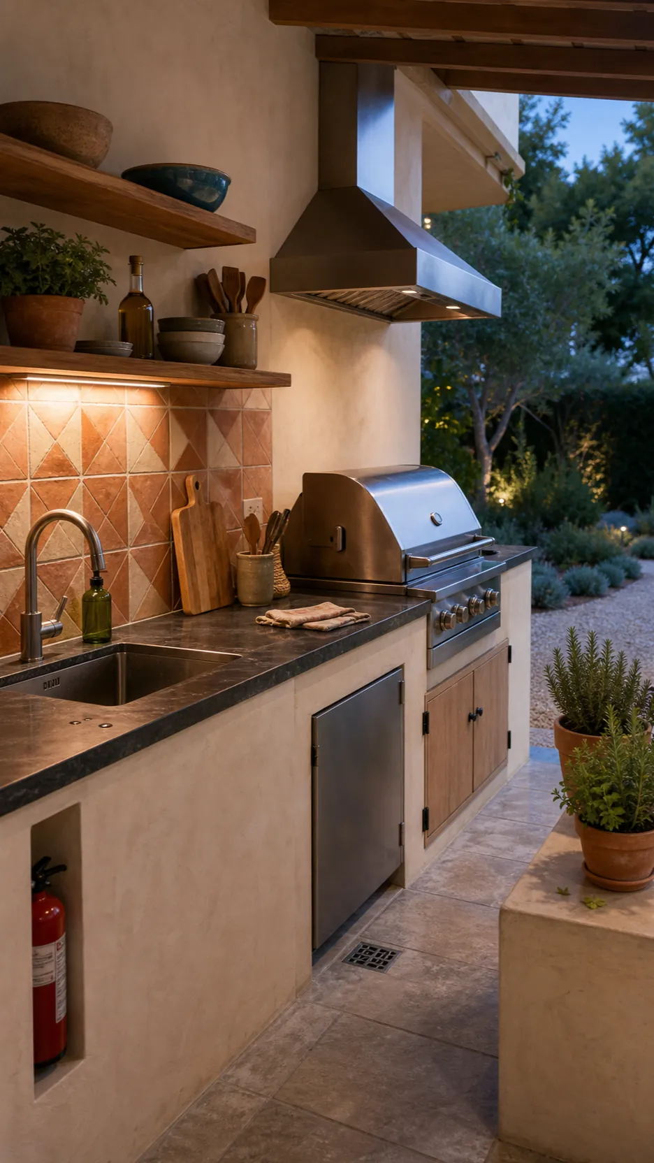 Mediterranean outdoor kitchen with plaster, clay tile and timber