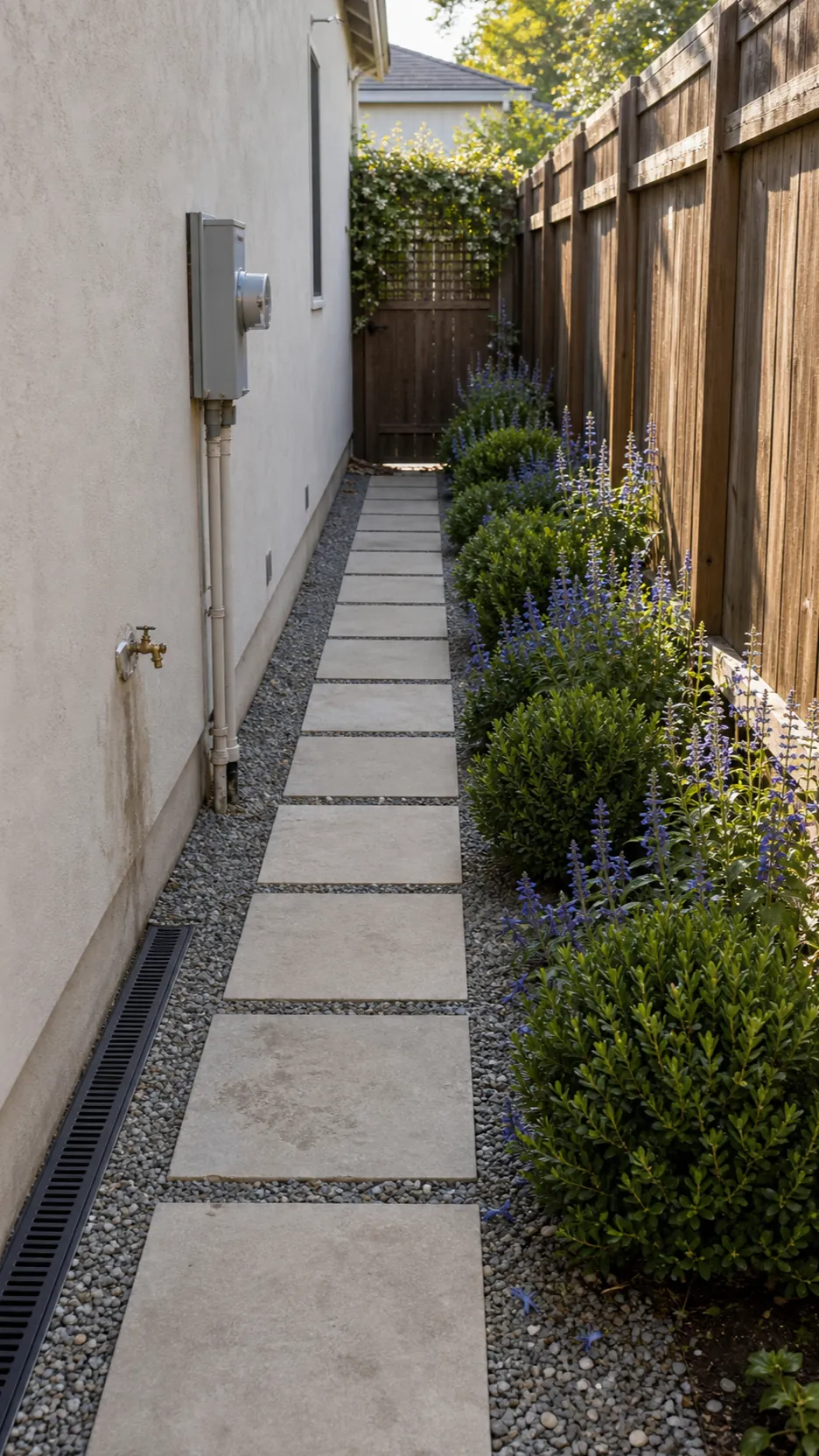 Narrow Mediterranean side yard with repeated pavers and planting