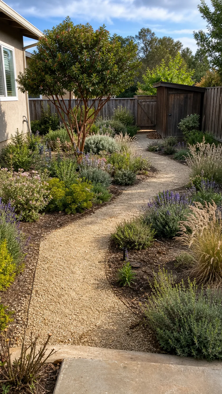 Lawn-free Mediterranean backyard with textured planting islands