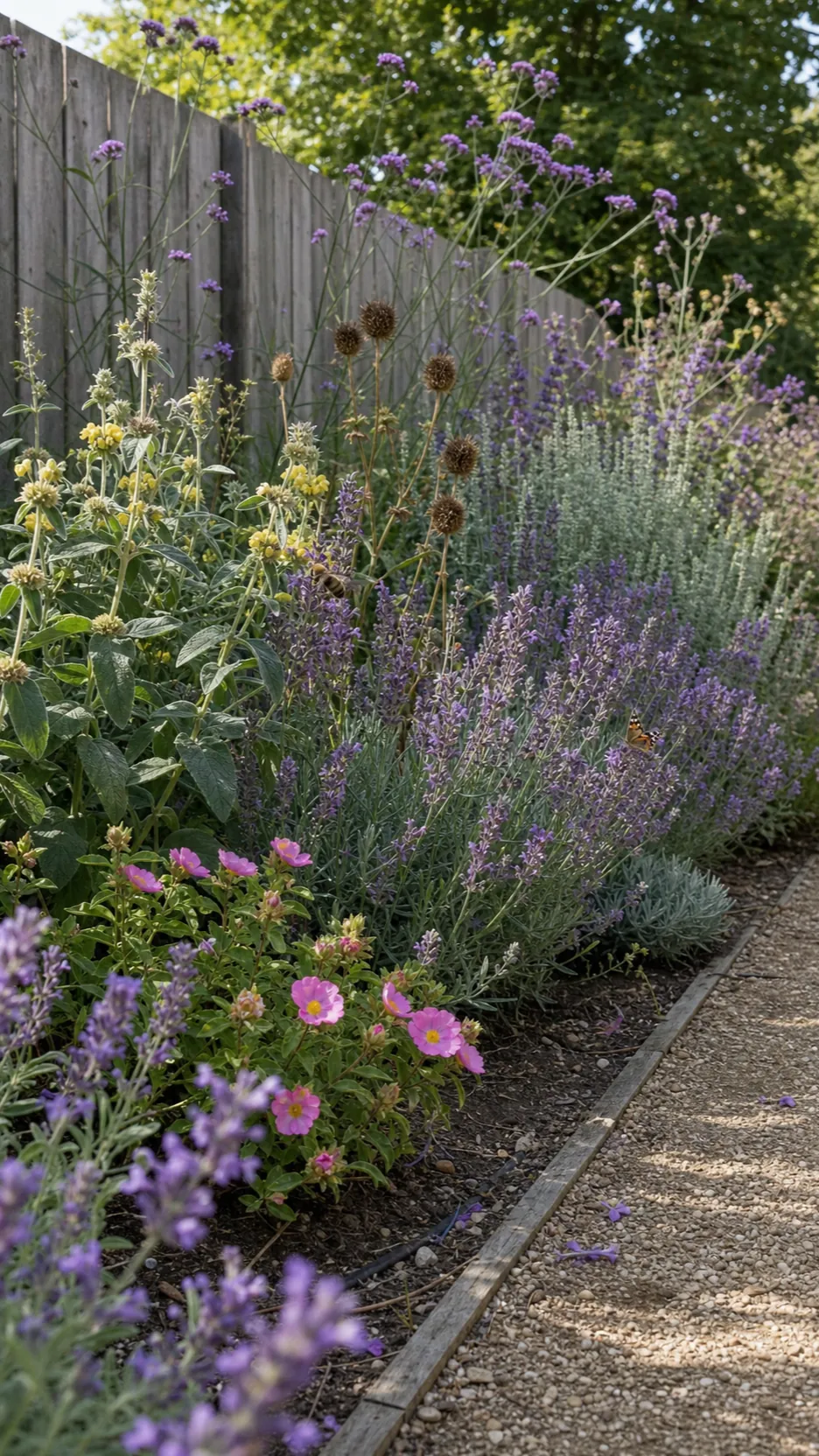 Pollinator-rich Mediterranean dry border with lavender and salvia