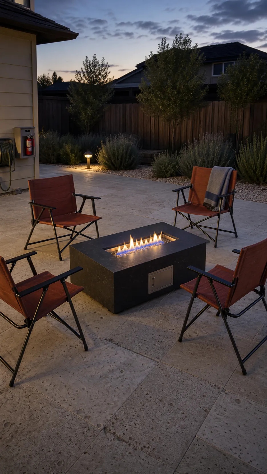 Mediterranean stone conversation terrace around a safe fire feature