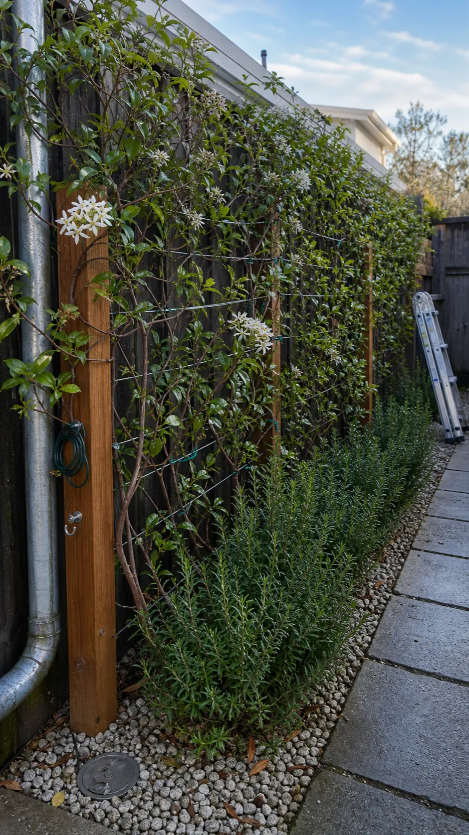 Star jasmine trained neatly across a Mediterranean garden boundary