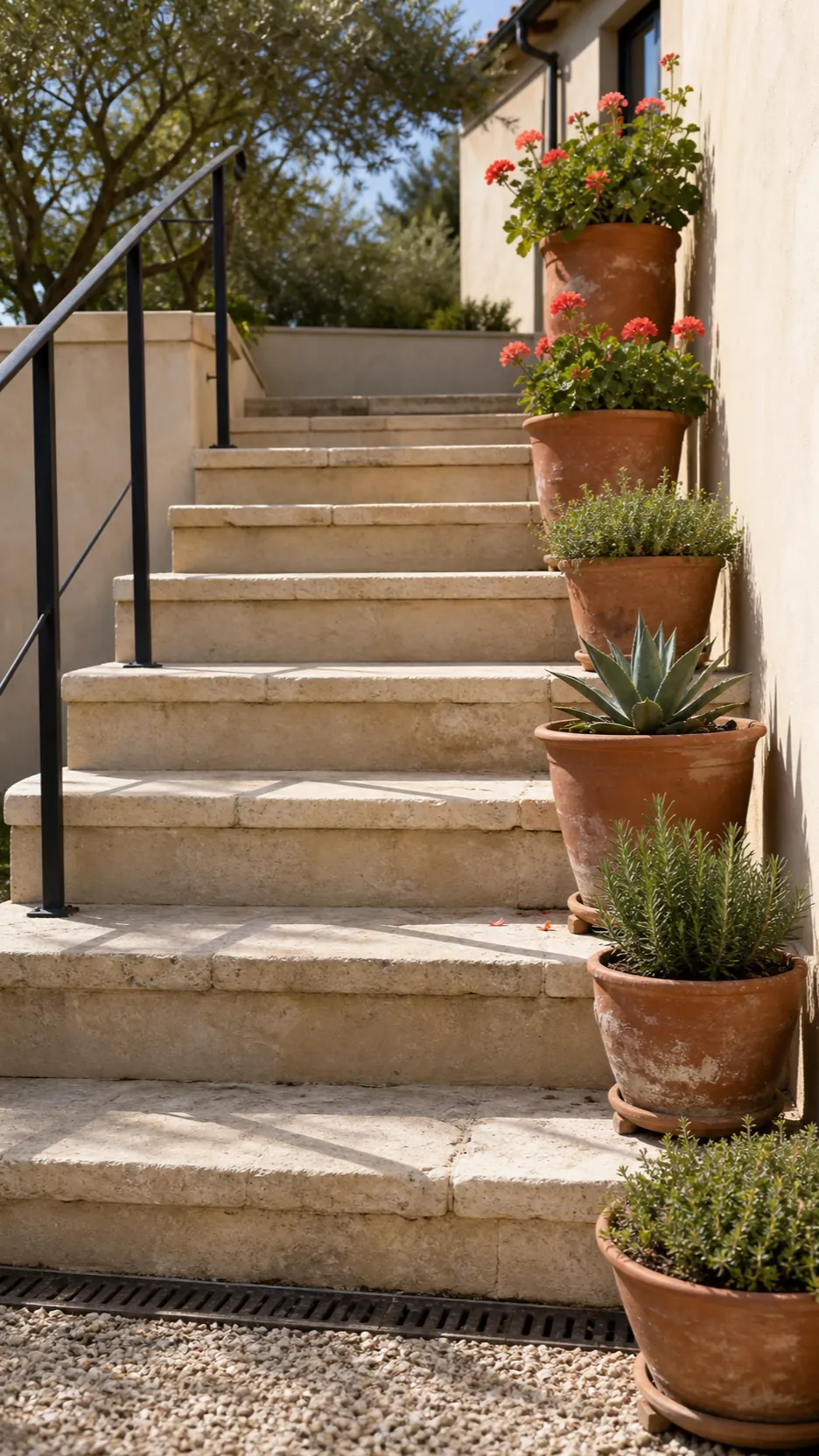 Terracotta pots arranged safely along broad Mediterranean garden steps