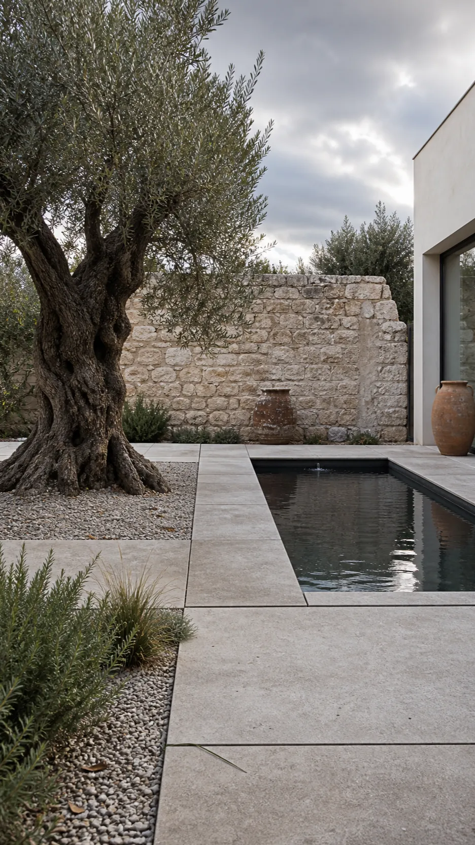Modern Mediterranean garden combining linear paving and rough limestone