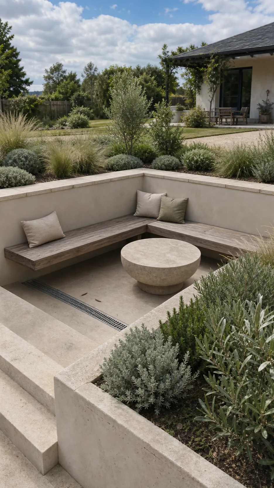 Sunken Mediterranean lounge terrace bordered by soft planting
