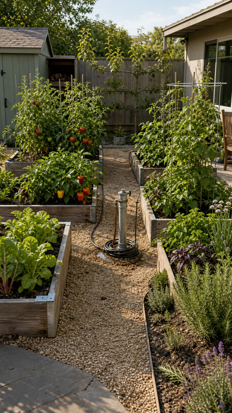 Productive Mediterranean kitchen garden with raised beds and herbs