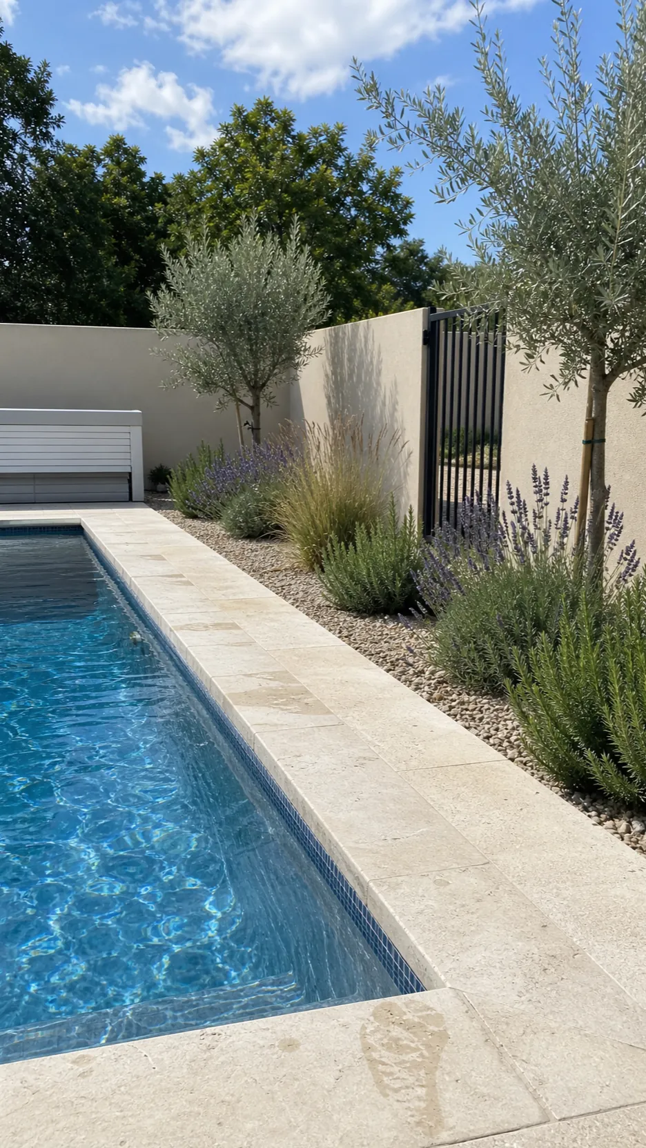 Mediterranean pool border with olive trees, lavender and pale stone
