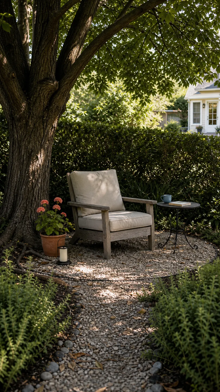 Shaded Mediterranean garden reading nook beneath a mature tree