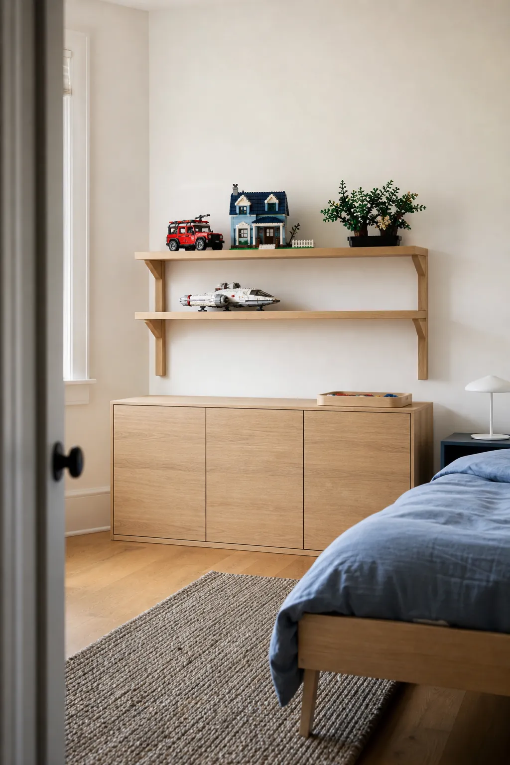 Calm kids room with a compact Lego display and concealed storage