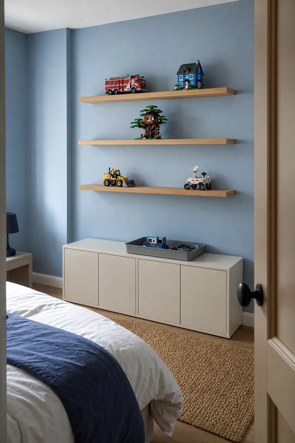 Compact Lego display on wall ledges above closed storage in a kids bedroom