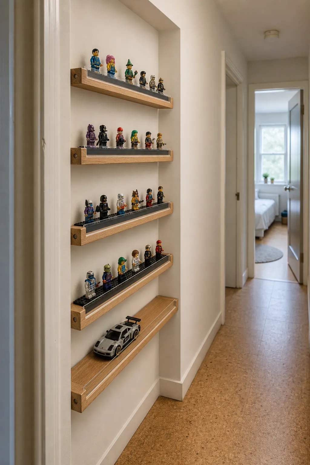 Shallow Lego minifigure display fitted neatly into a small alcove