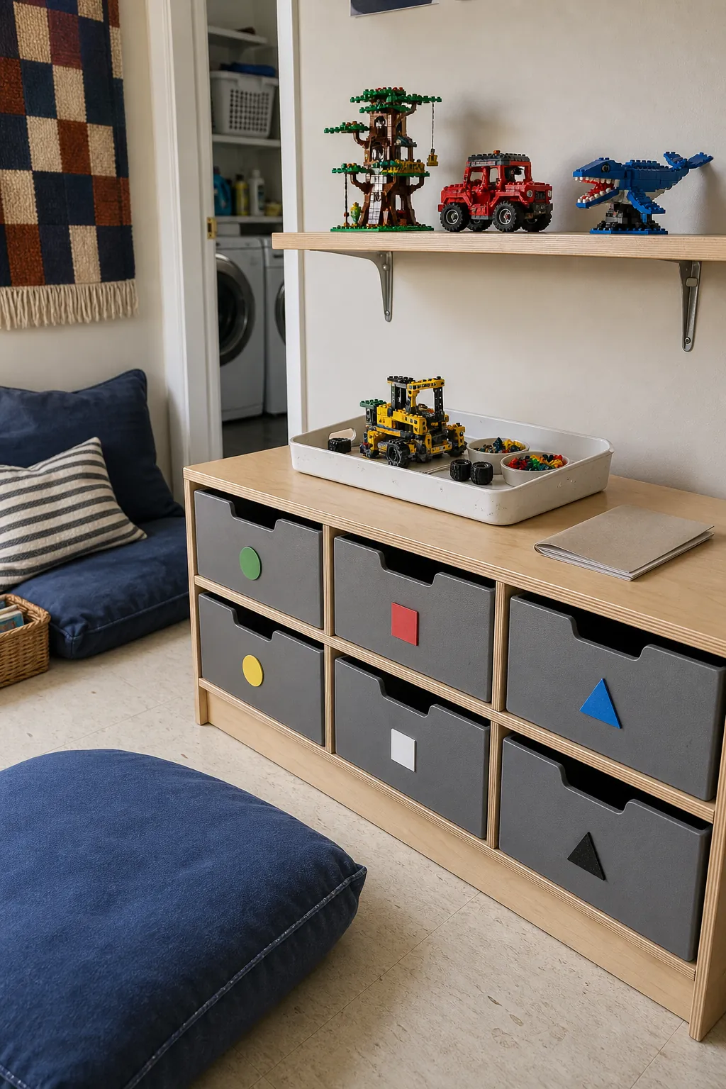 Lego display shelf paired with labeled drawers for bricks and unfinished builds