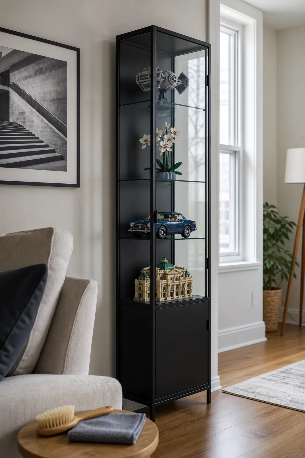Slim glass Lego display cabinet styled quietly in a shared living room