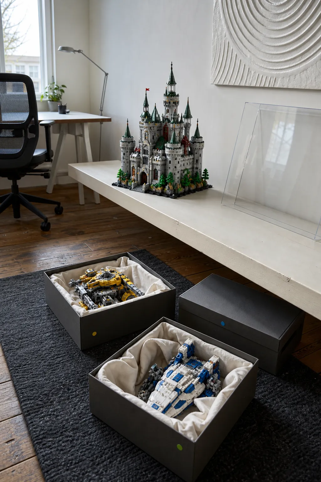 Rotating Lego collection with one featured build and protected storage boxes