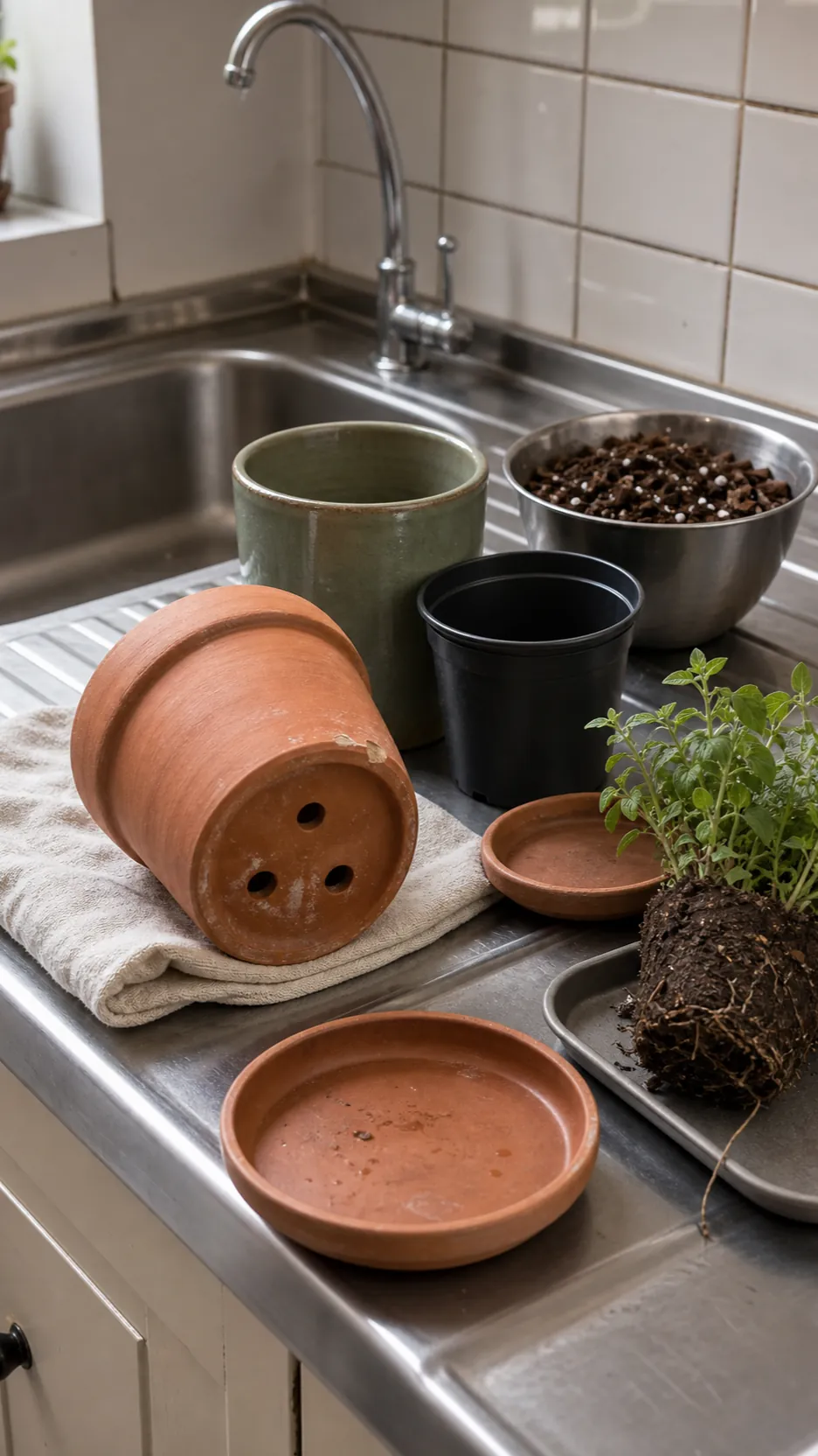 Indoor herb planter drainage setup with terracotta pots and saucers