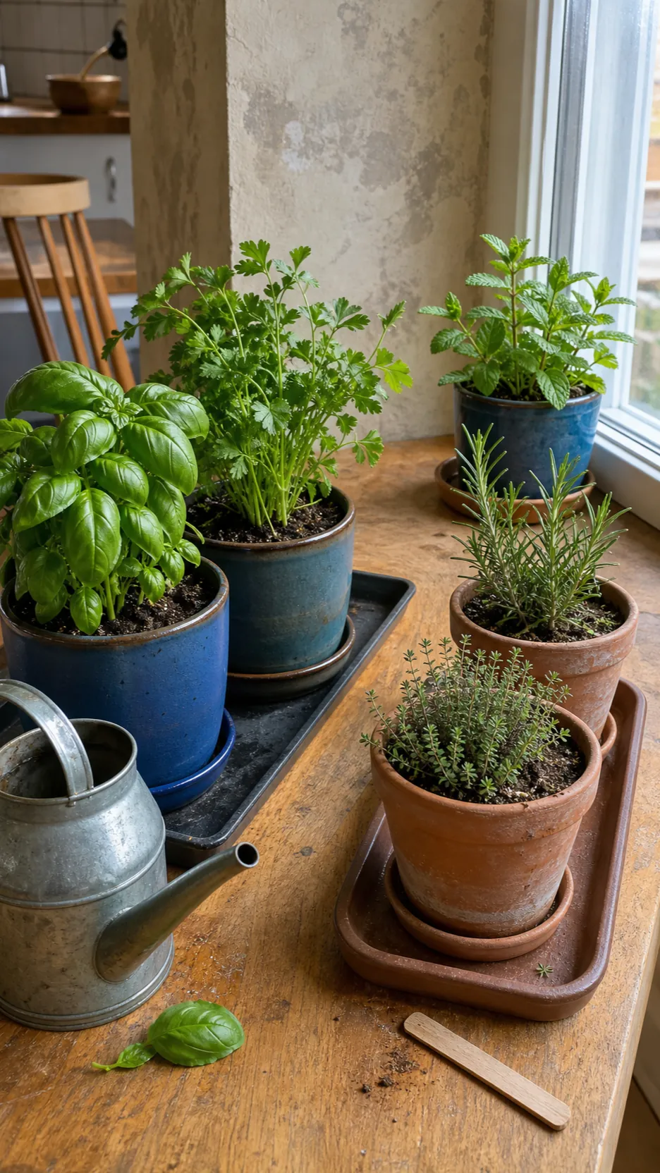 Basil parsley rosemary and thyme in separate kitchen pots for different watering needs
