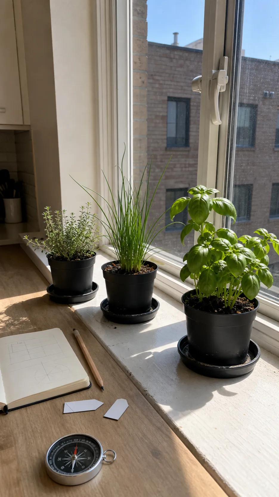 Kitchen herb garden light audit beside a sunny apartment window