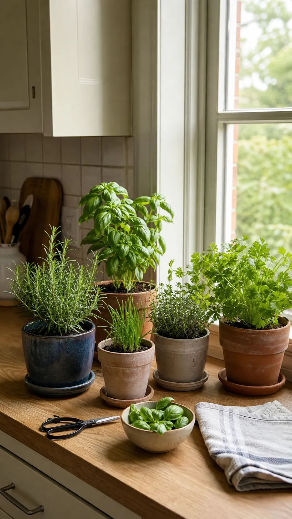 Practical kitchen herb garden ideas in a bright compact apartment kitchen