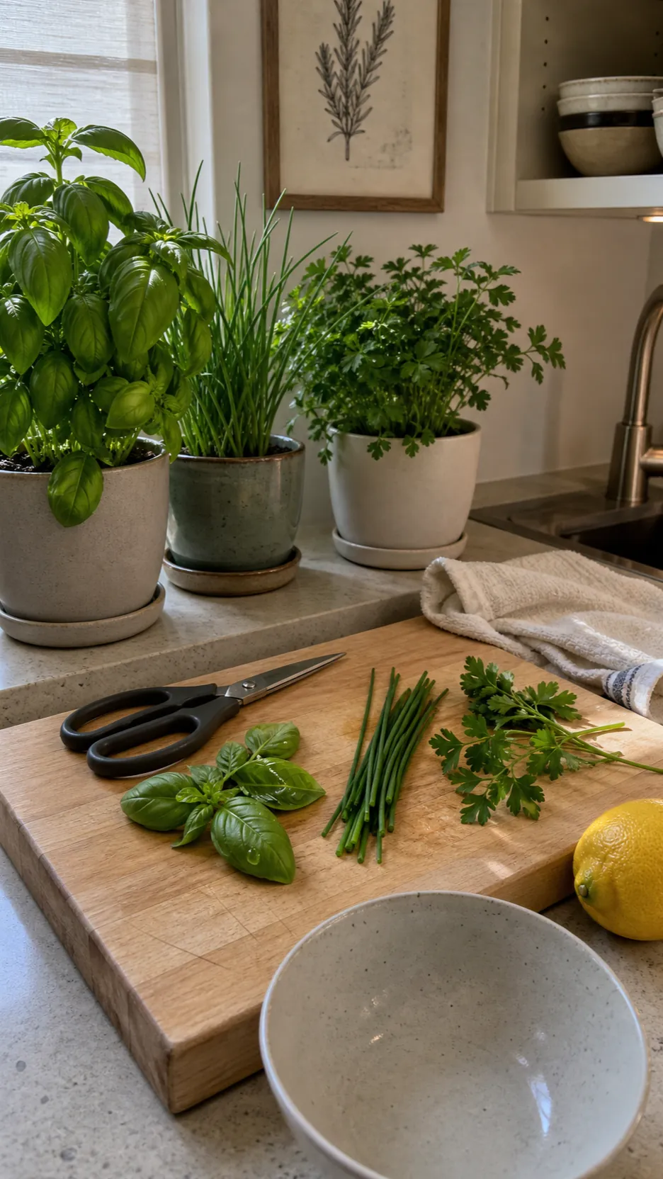 Fresh basil chives and parsley being harvested at a kitchen prep station