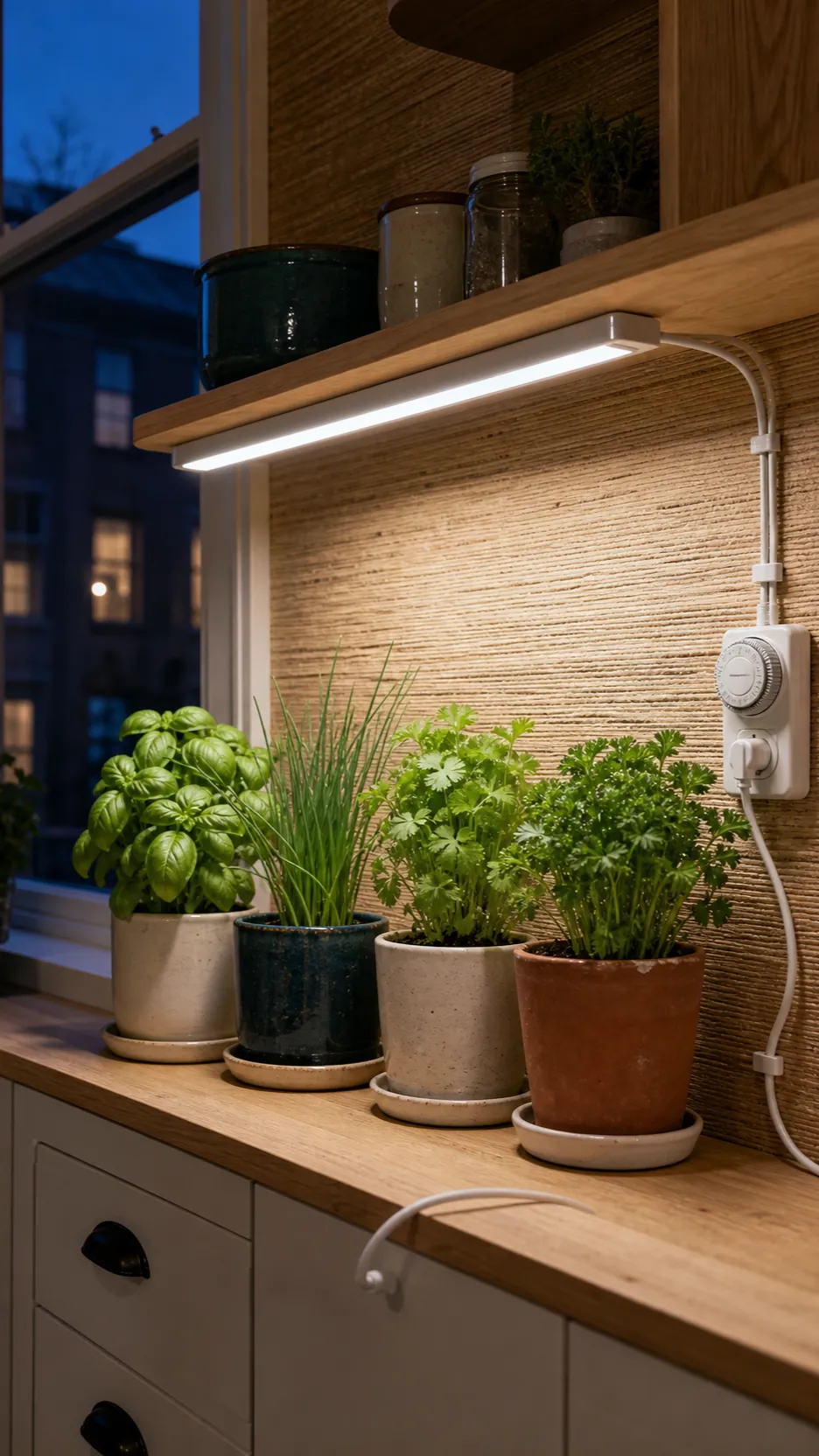 Neat kitchen herb shelf with a slim grow light for winter