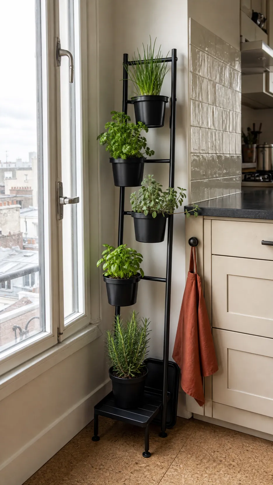 Space-saving vertical kitchen herb rail beside a bright window