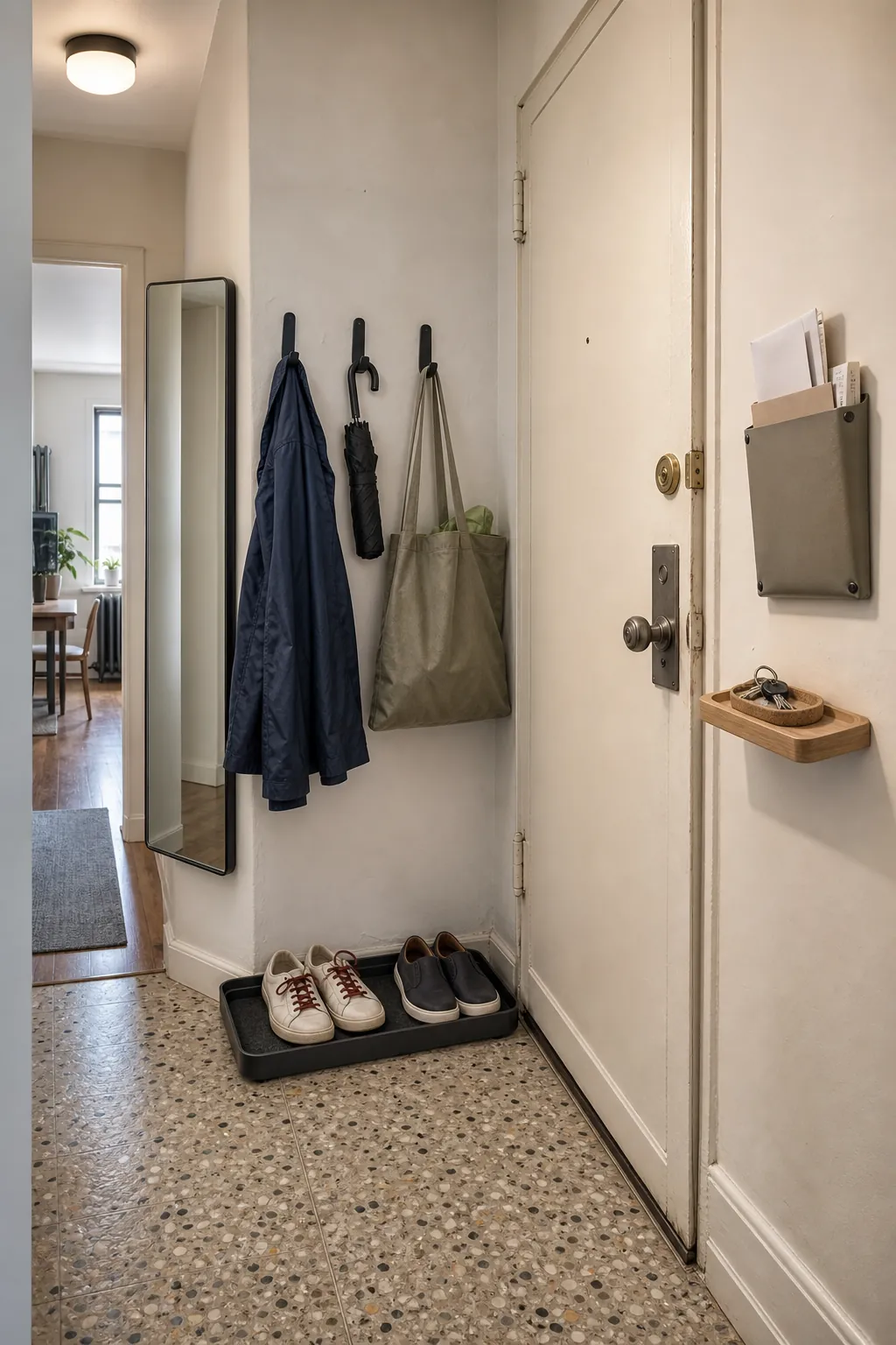 Tidy renter-friendly small apartment entryway with limited shoes and wall hooks