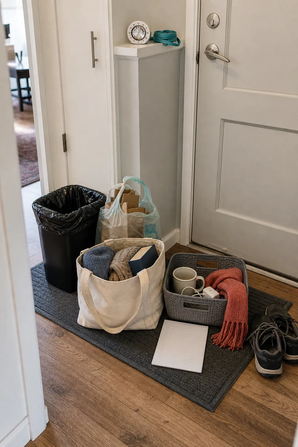 Compact decluttering station with labeled bags in a small apartment entry
