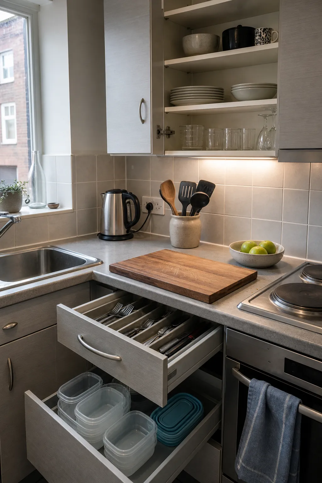 Organized small apartment kitchen arranged by daily use frequency