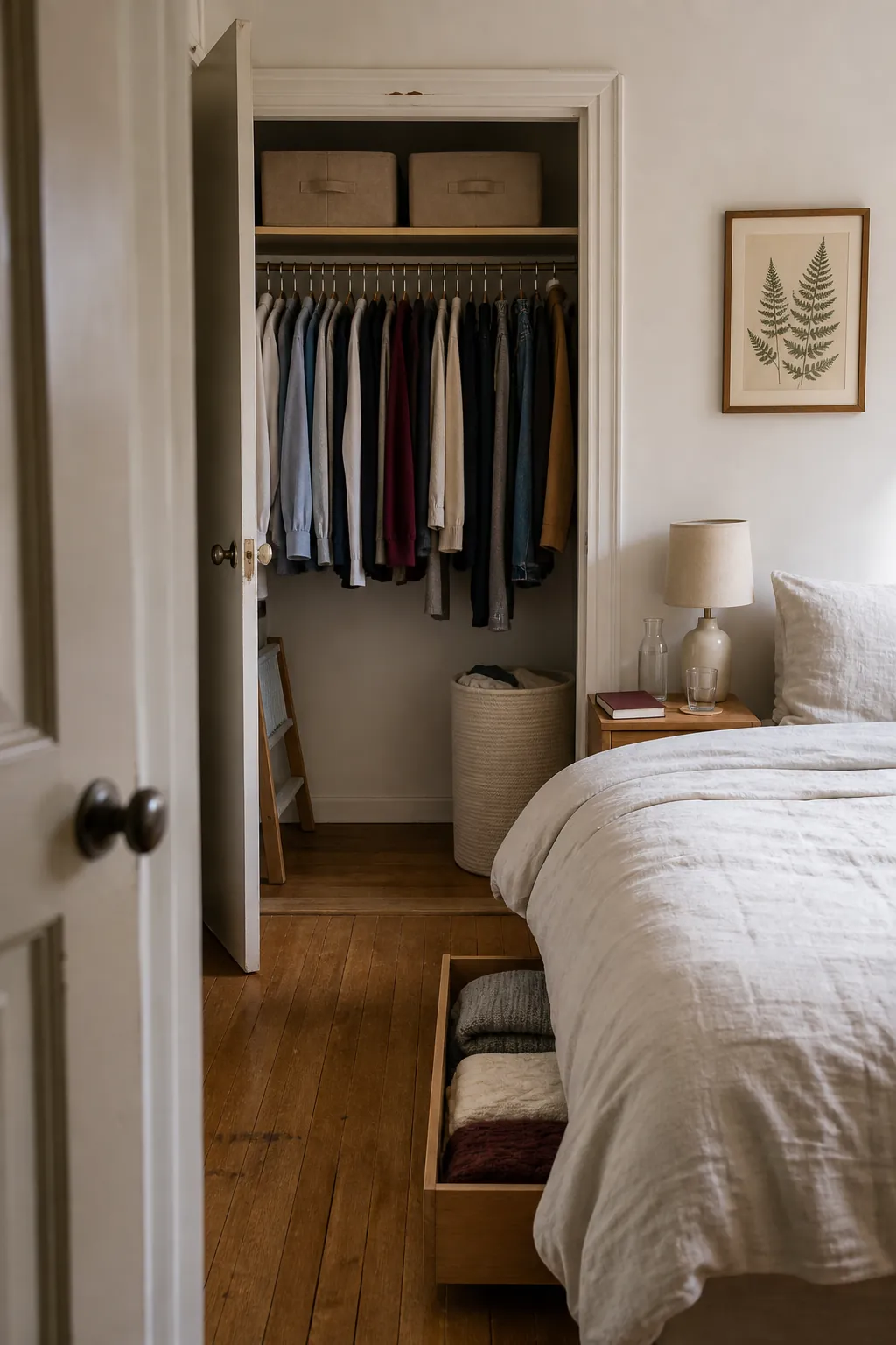 Calm small bedroom with a realistically edited capsule wardrobe and clear floor