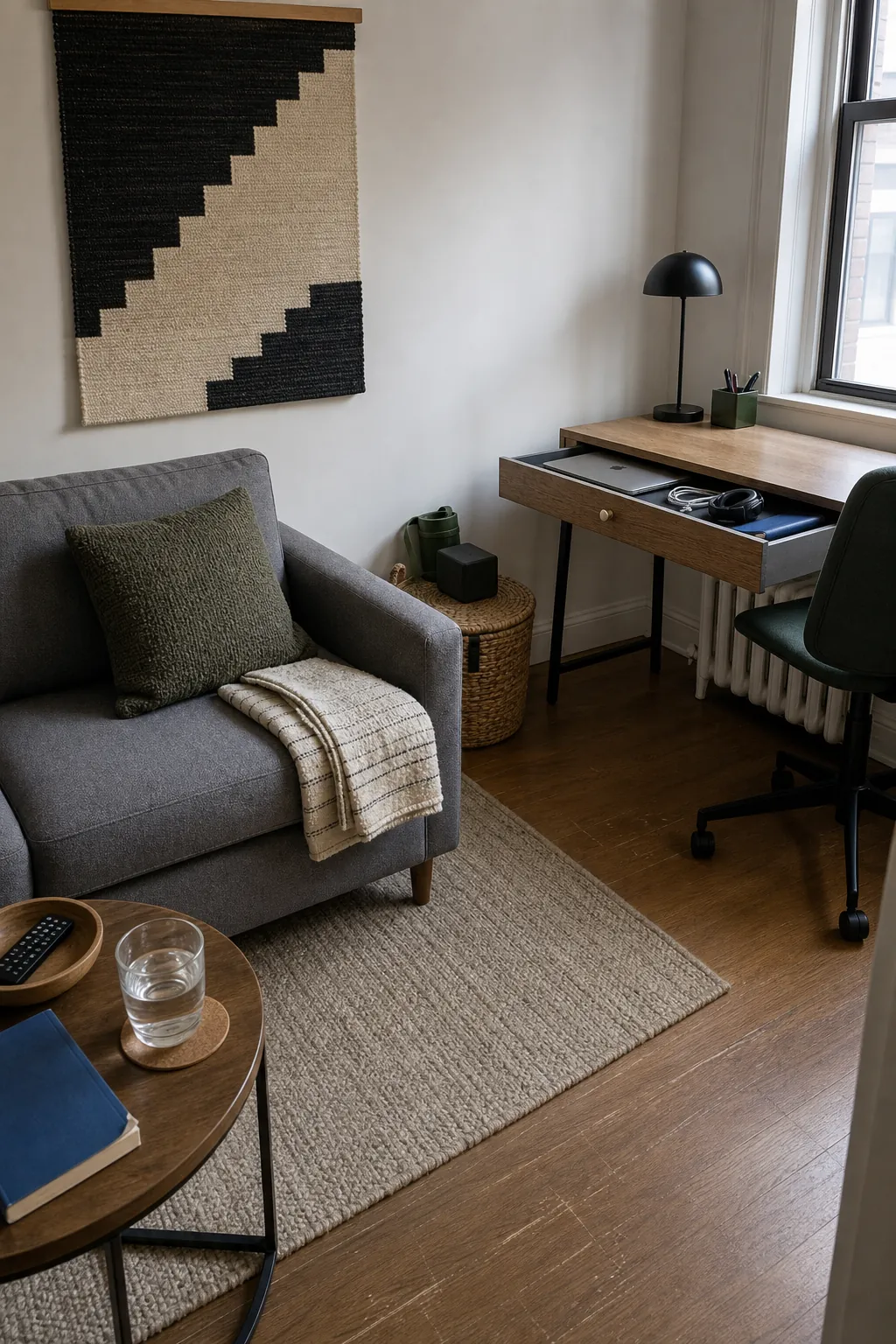 Multipurpose small living room with clearly defined work and relaxation zones