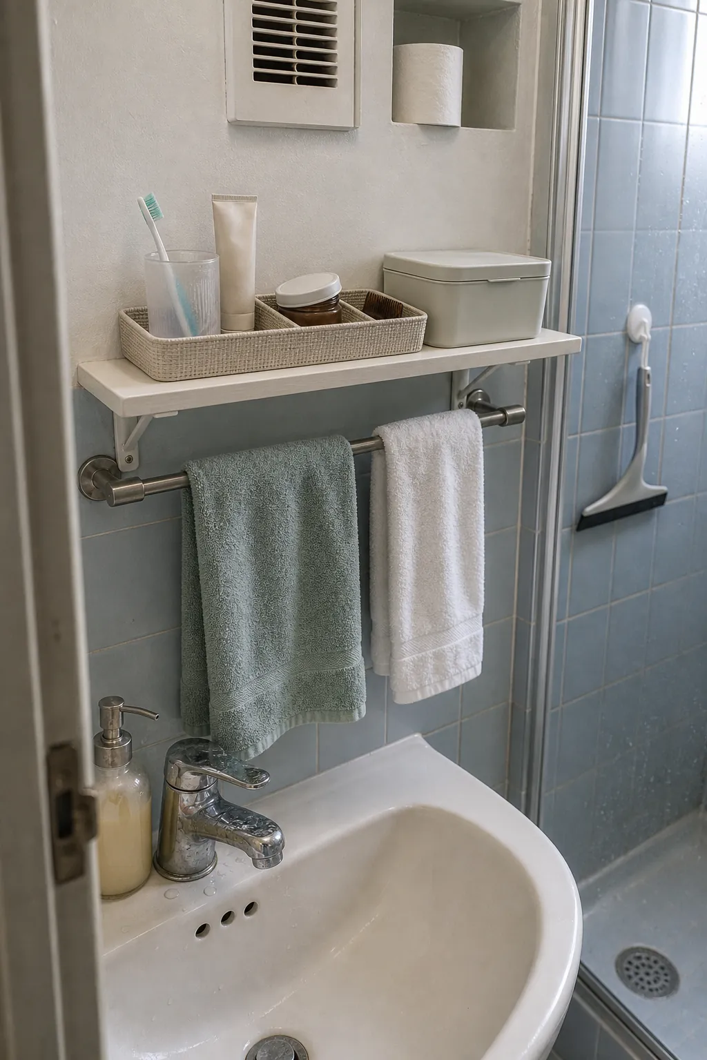 Compact apartment bathroom with reduced toiletries and practical open storage