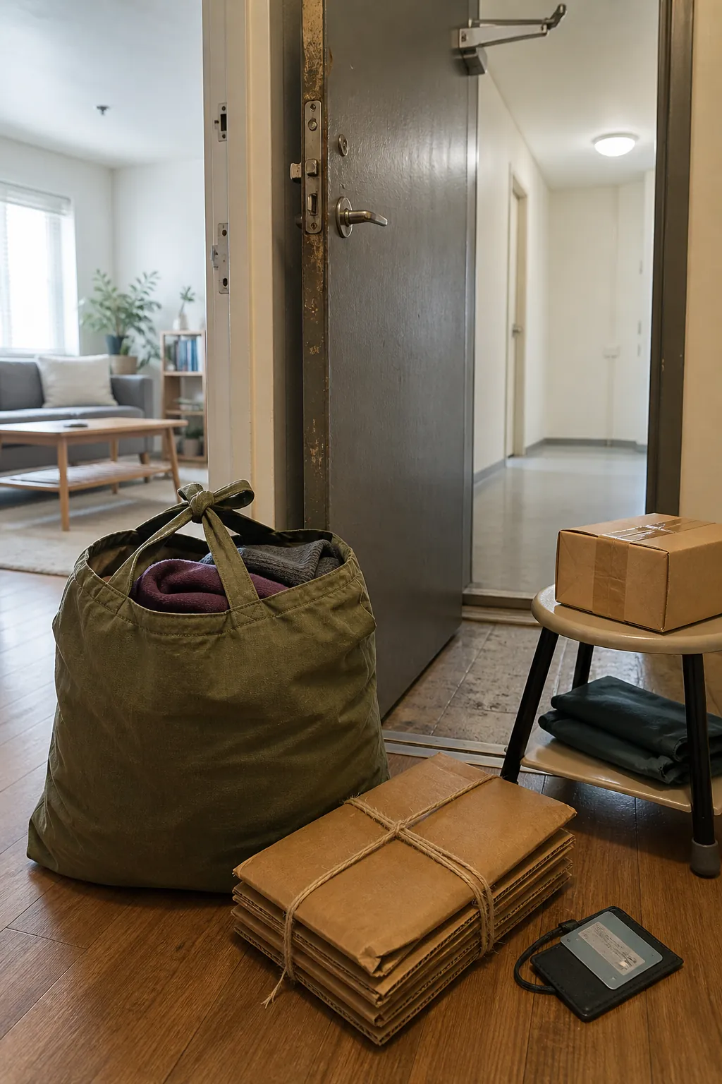 Sealed donation bag ready to leave a tidy small apartment