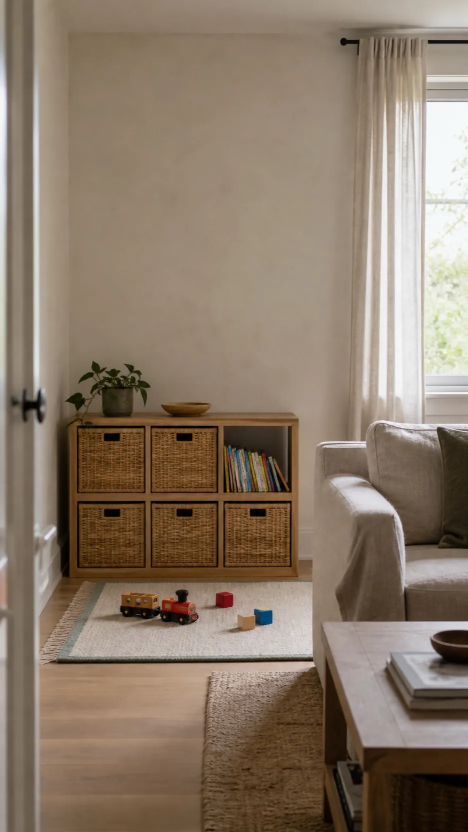 Calm living room with a contained child-friendly toy corner
