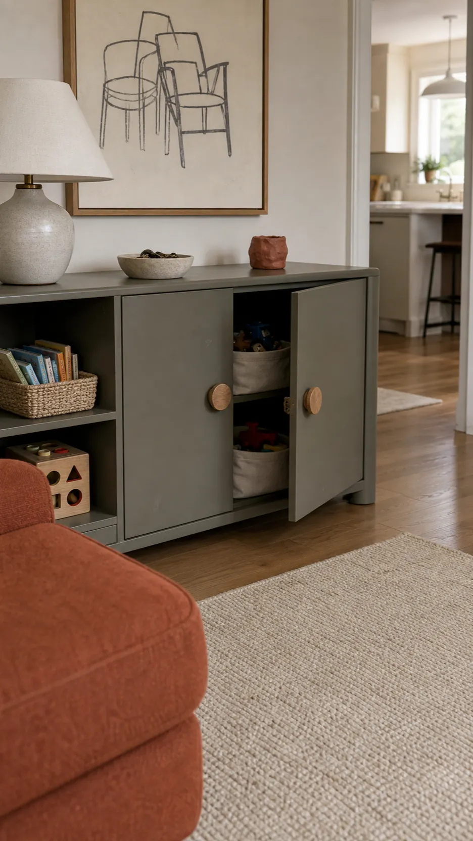 Living room console with closed toy storage beside a family sofa