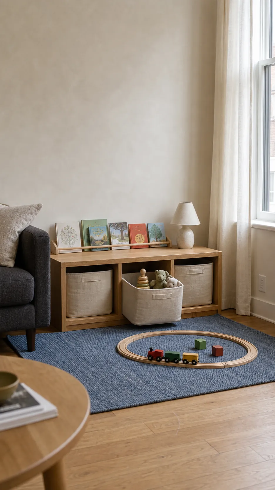 Calm living room toy corner with low cubbies and matching baskets