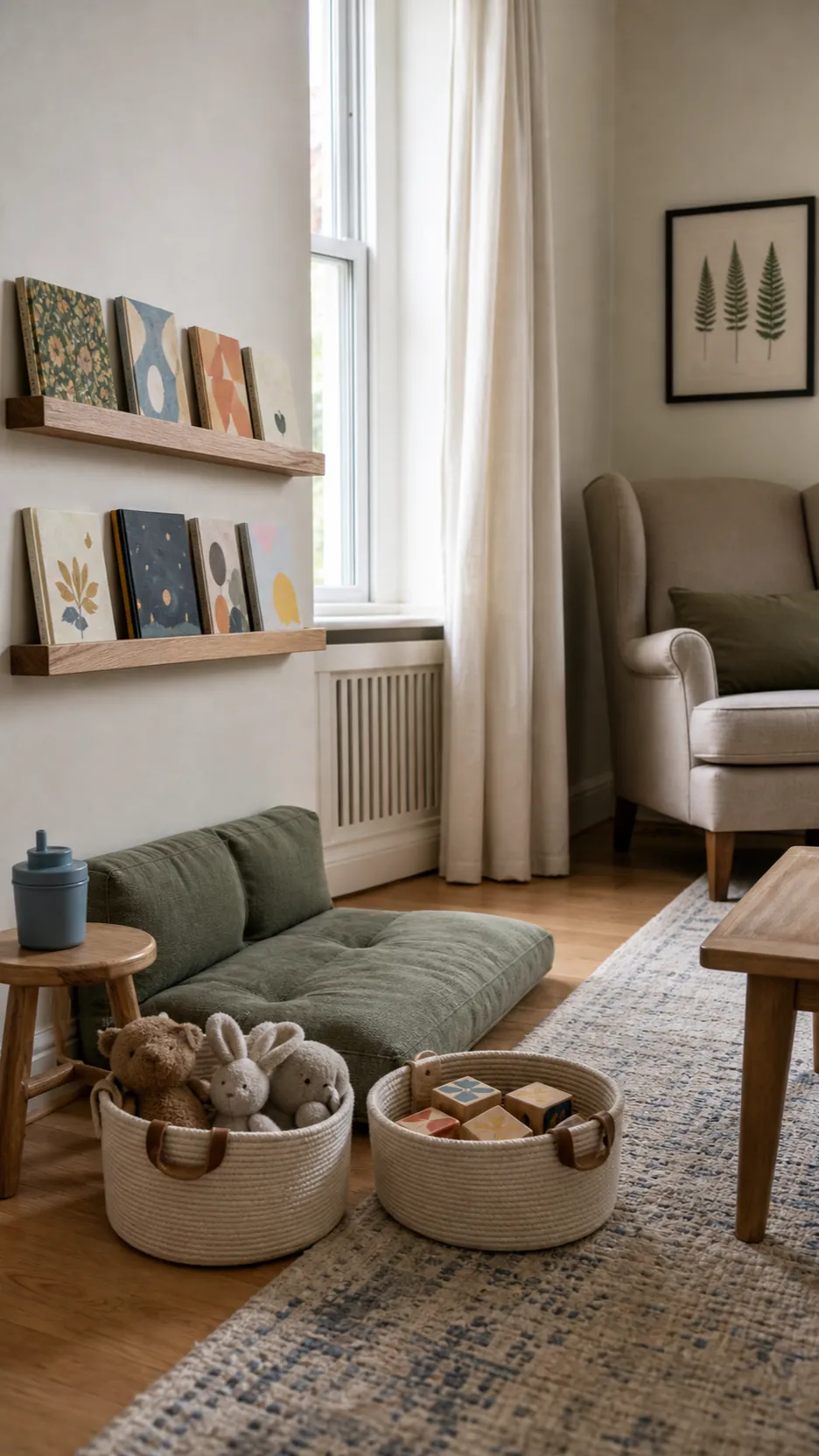 Family reading corner with child-level book ledges and small toy baskets