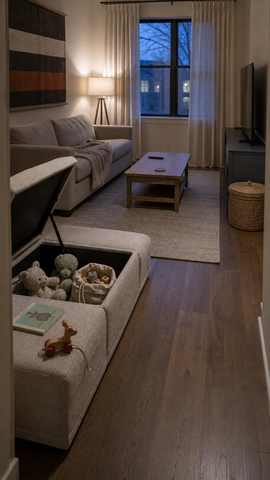 Calm family living room after toys are stored in an ottoman and basket