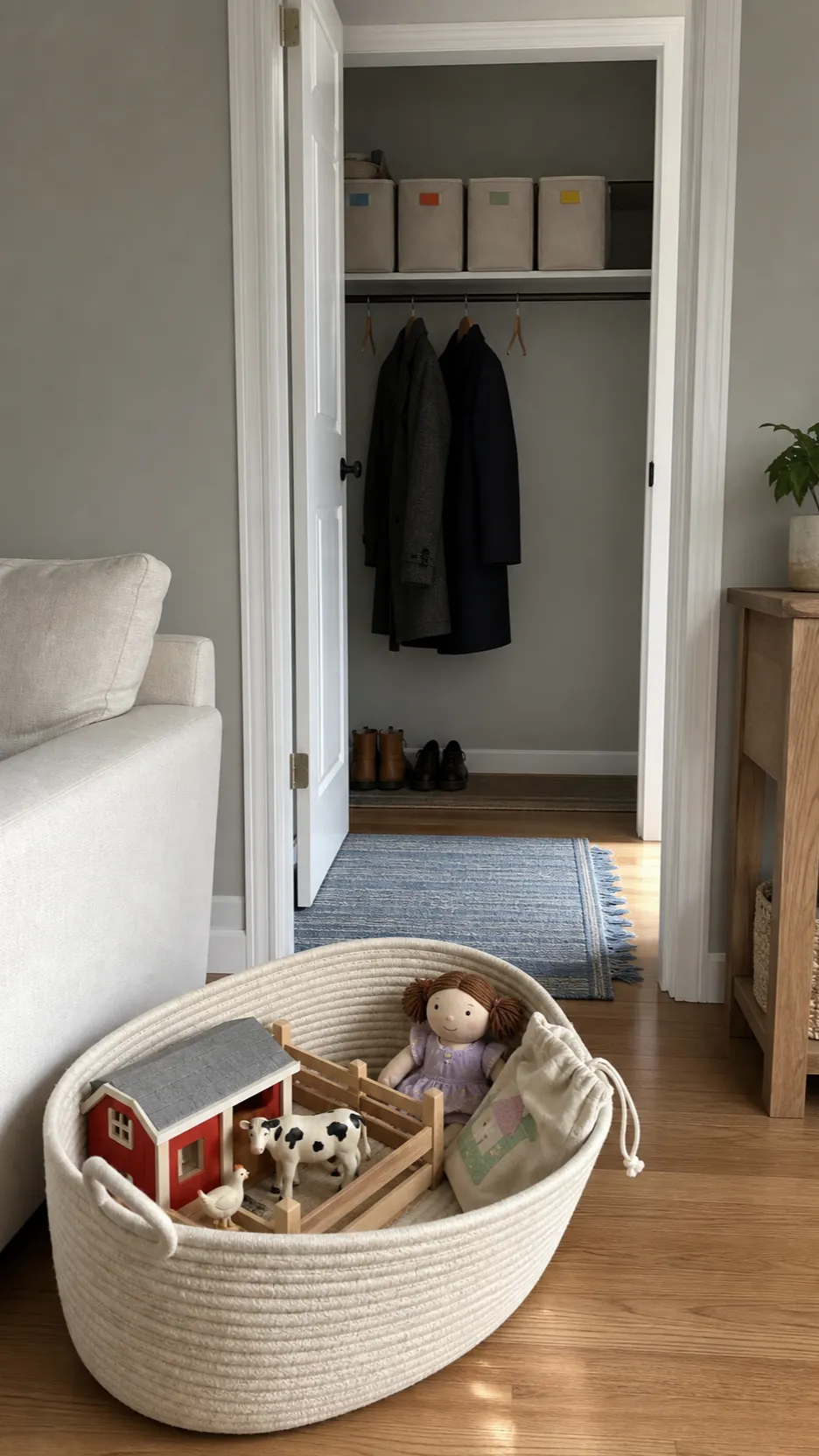 Small rotating toy selection stored neatly between a closet and living room basket