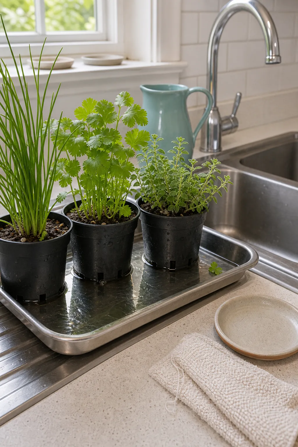 Windowsill herbs draining after bottom watering in a waterproof kitchen tray