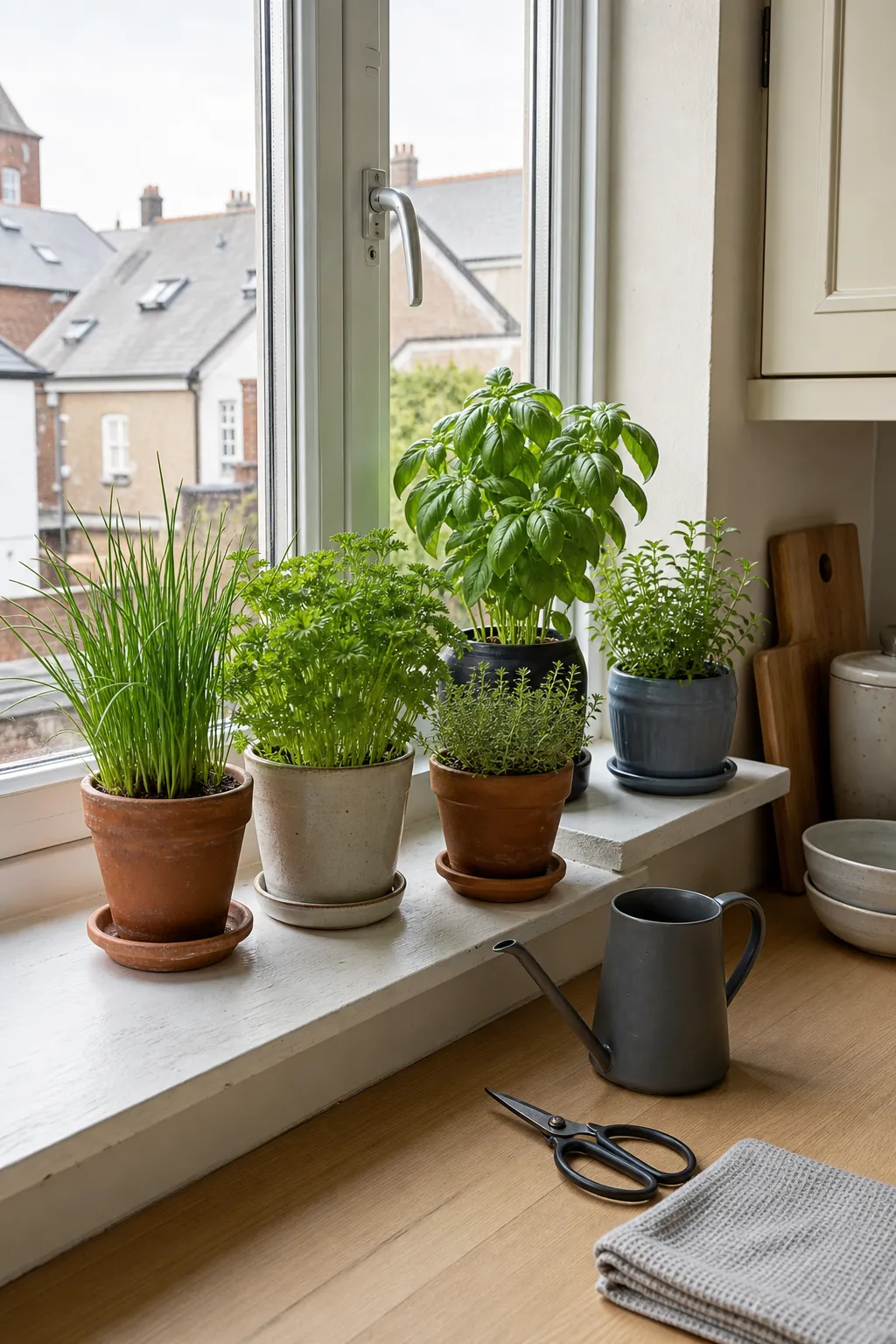 Healthy windowsill herb garden in a practical bright apartment kitchen
