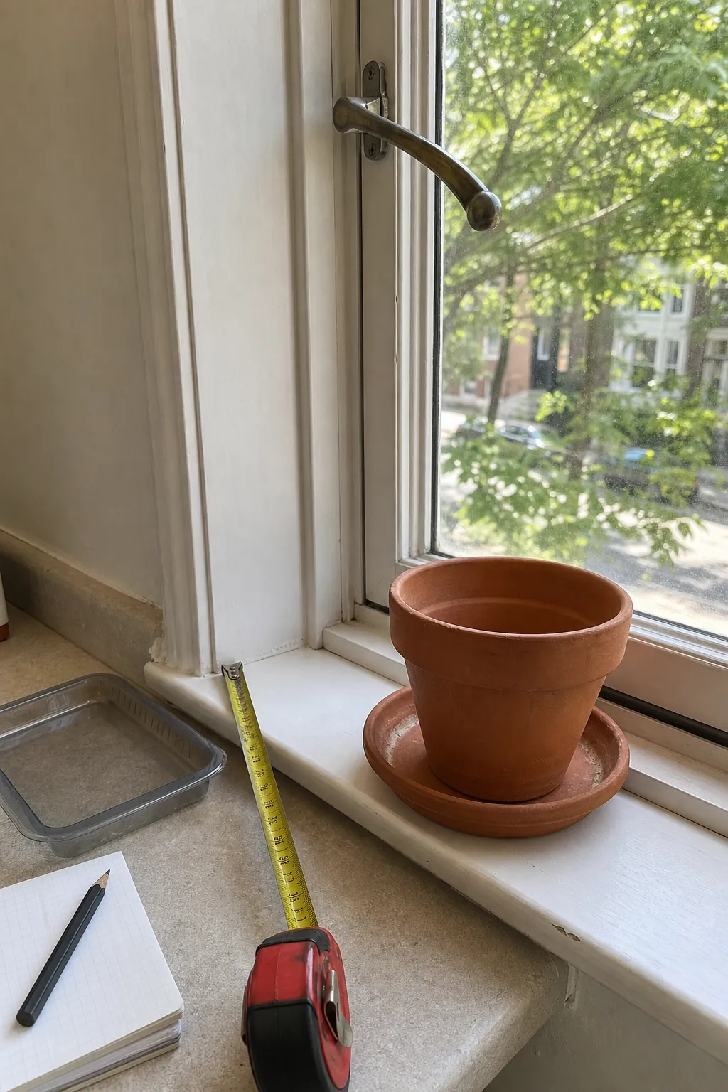 Measuring a kitchen windowsill for stable herb pots and window clearance