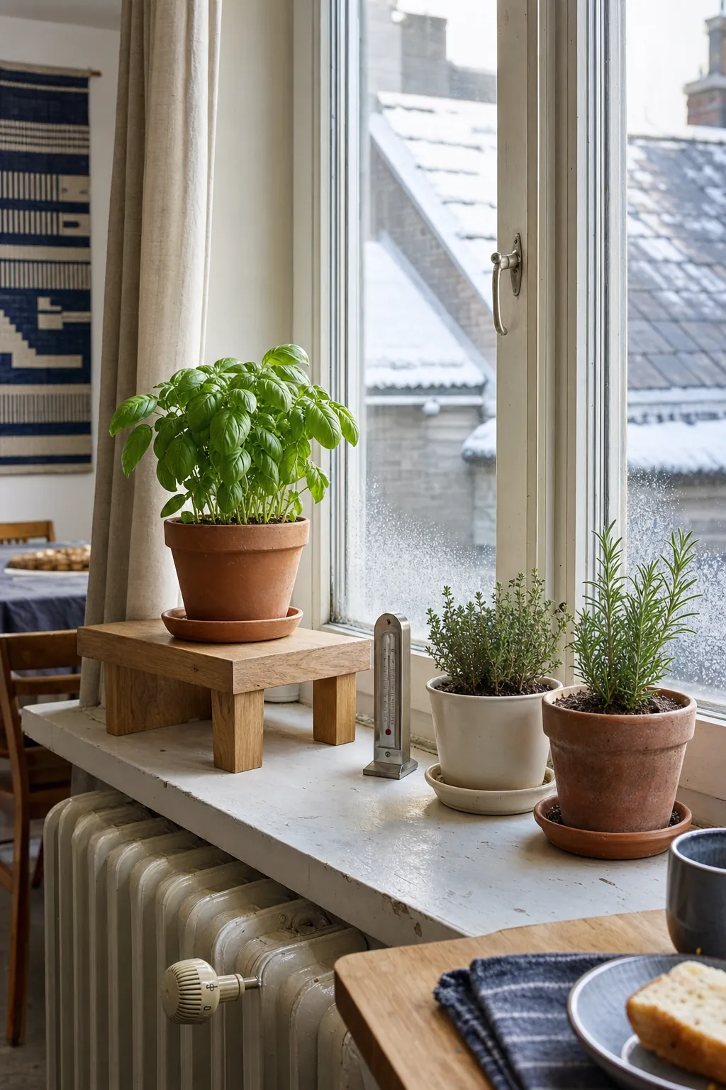 Basil moved back from cold winter glass while hardy herbs remain near the light