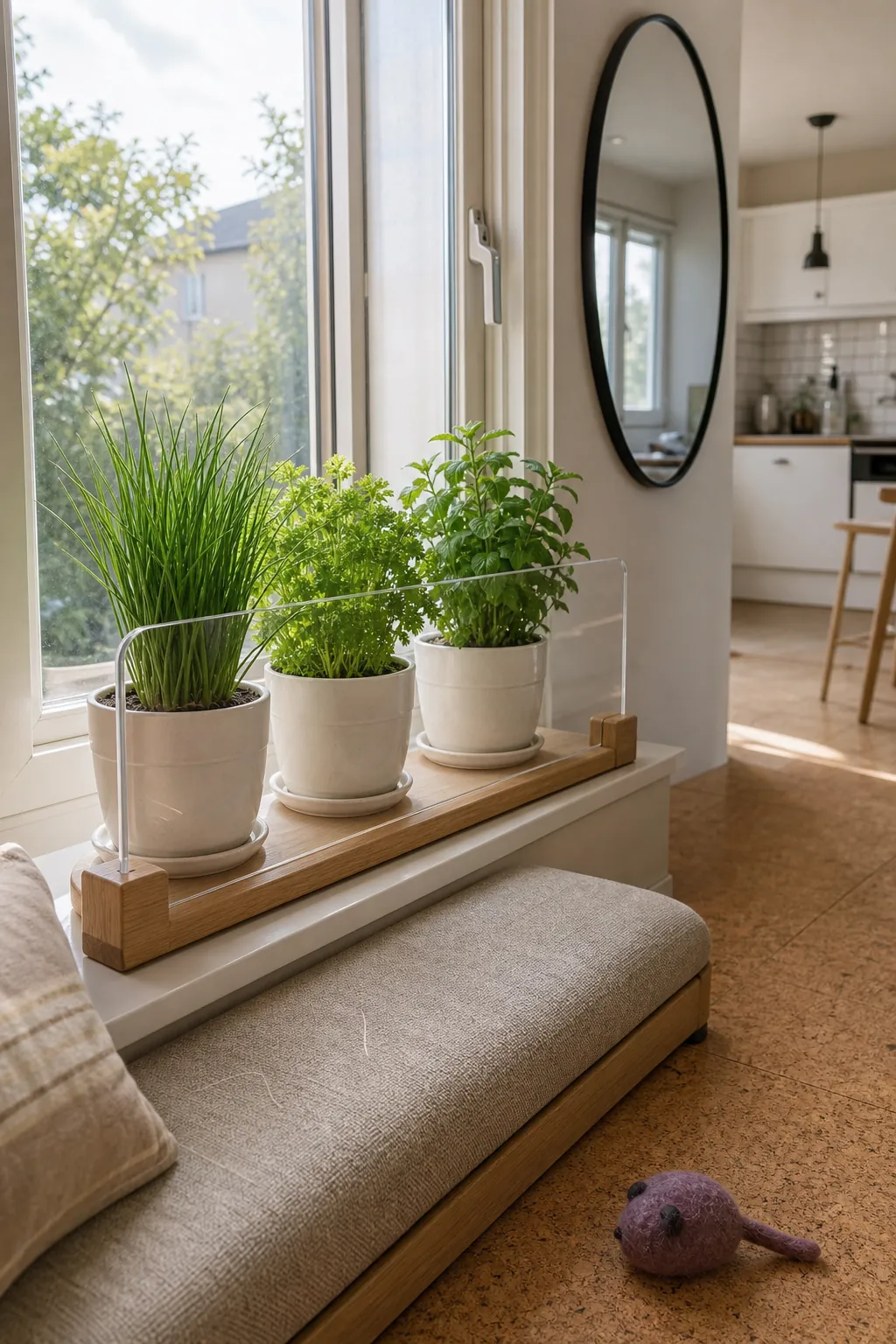 Secure pet-aware windowsill herb garden with stable pots and clear guard