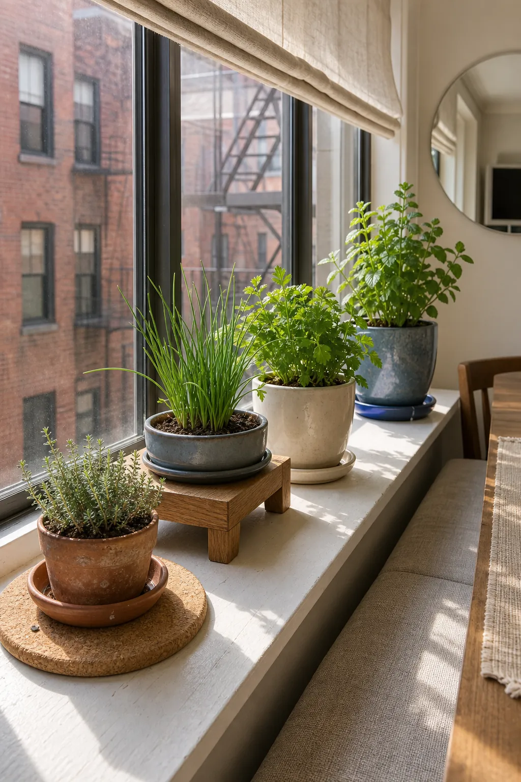 Evenly spaced windowsill herb pots arranged for rotation and balanced growth