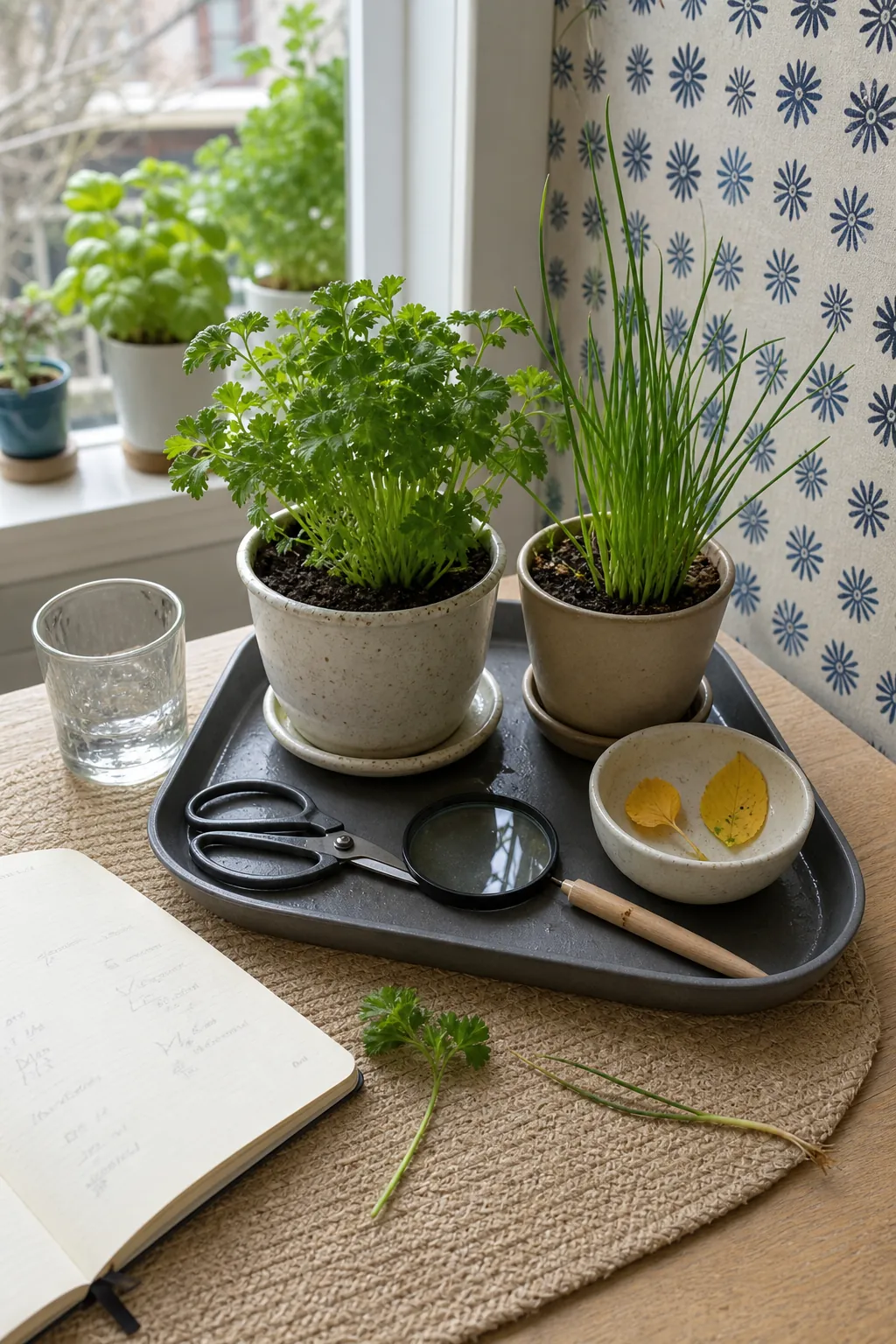 Simple seasonal care station for a healthy indoor window herb garden