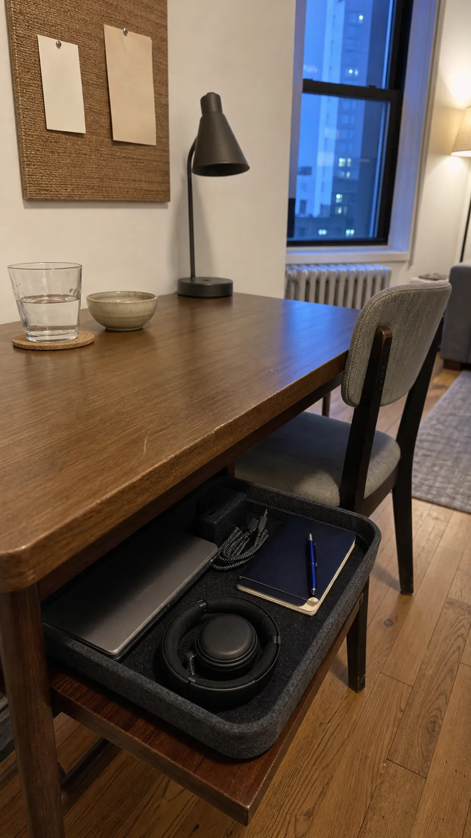 Compact work-from-home close-down kit in a small living space