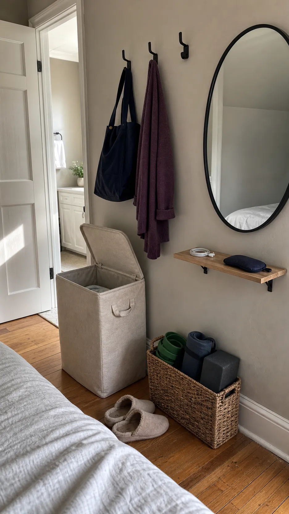 Low-friction small home storage with open hooks hamper and daily-use basket