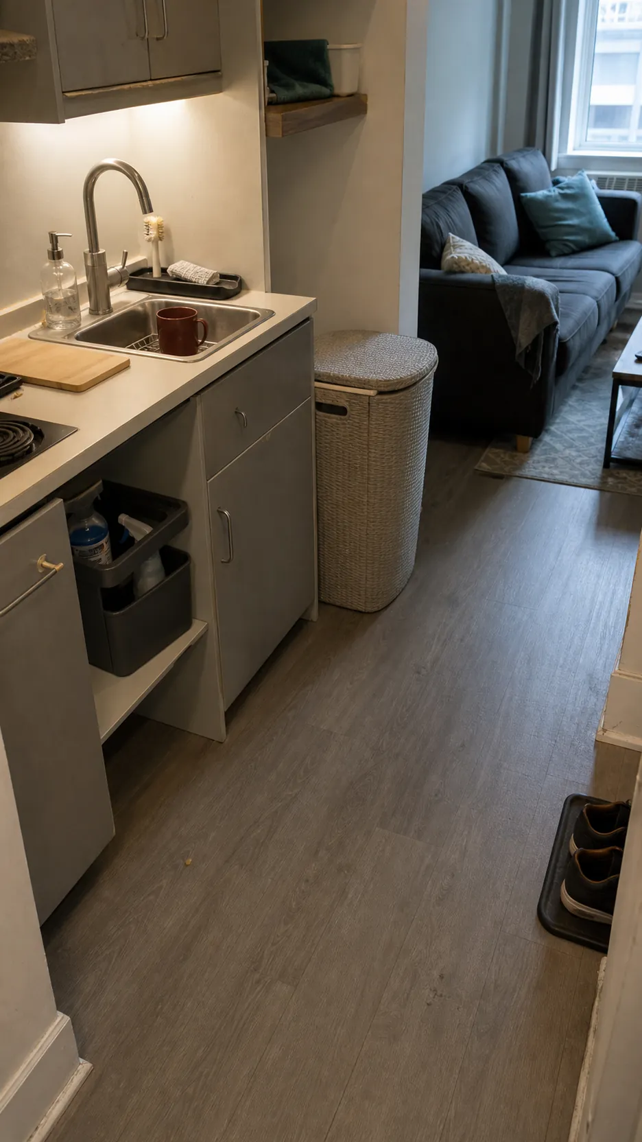 Small home with a clear daily reset baseline and practical cleaning supplies stored away
