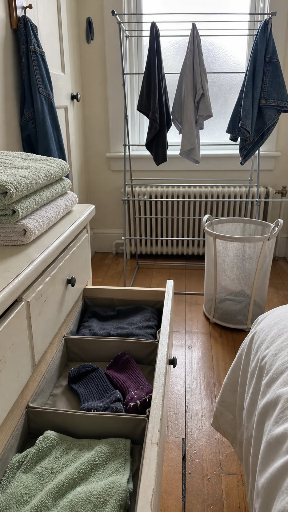 Finished small home laundry loop with hamper drying rack and accessible drawers